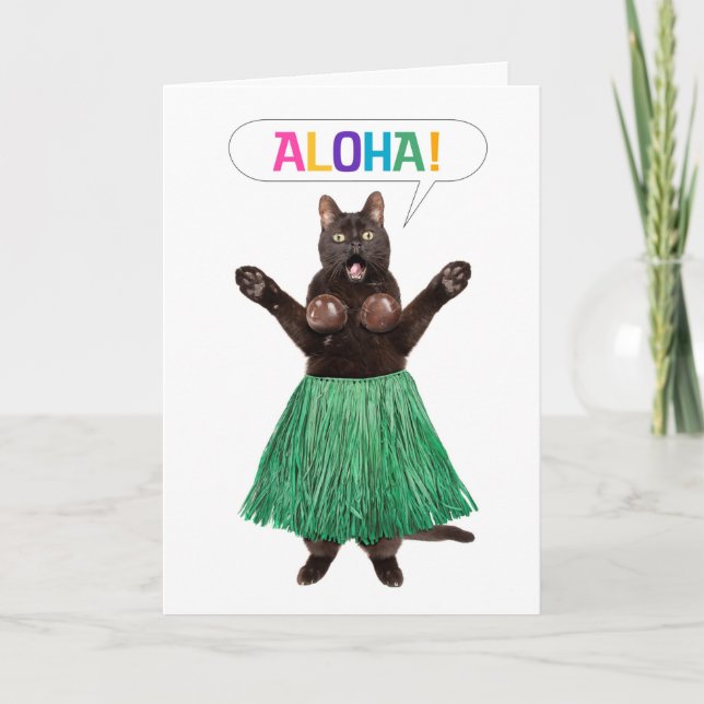 Thinking of You Hello Funny Cat in Grass Skirt Say Holiday Card (Front)