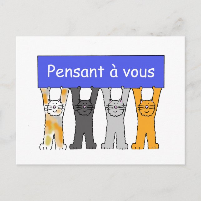 Thinking of You in French Cartoon Cats Postcard (Front)
