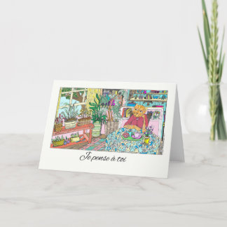 Thinking of You in French with Cat at Table Card