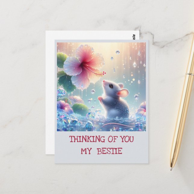 Thinking of you Light Blue Mystical Mouse Hibiscus Postcard (Front/Back In Situ)
