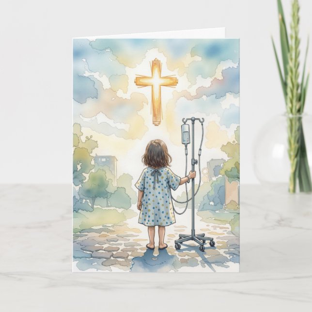 Thinking of You Little Girl Holding an IV Pole Card (Front)