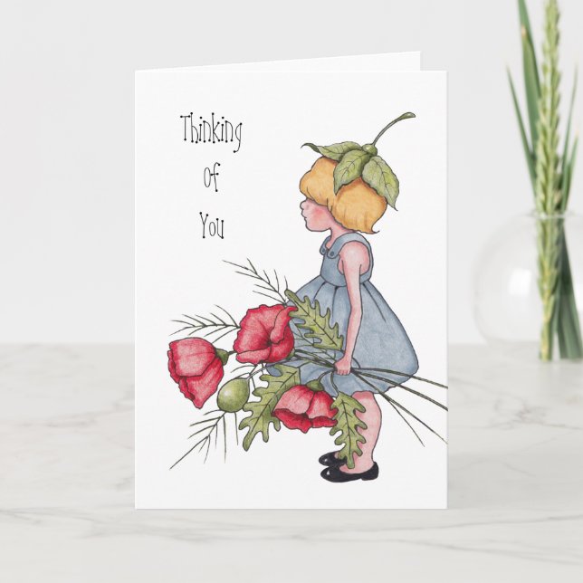 Thinking of You, Little Girl with Flowers, Art Card (Front)