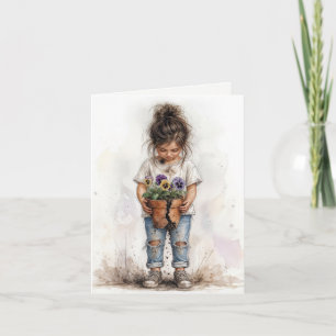 Thinking of you Little Girl with Pansies  Card