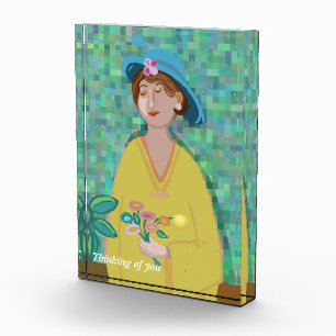"Thinking of you" Modern Art Woman in yellow dress Photo Block