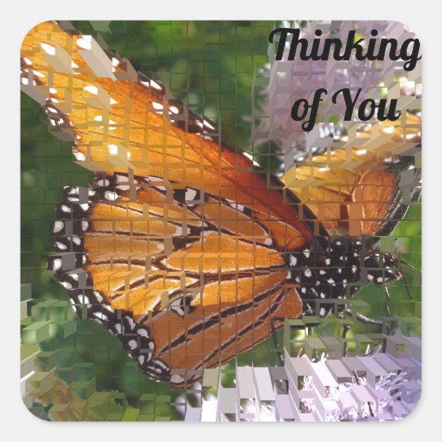 Thinking of You Mosaic Monarch Photo Butterfly Square Sticker (Front)