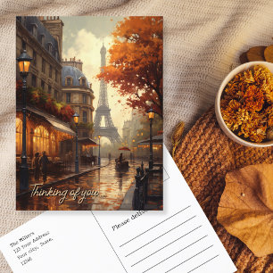 Thinking of you Paris in rainy fall city scene Postcard