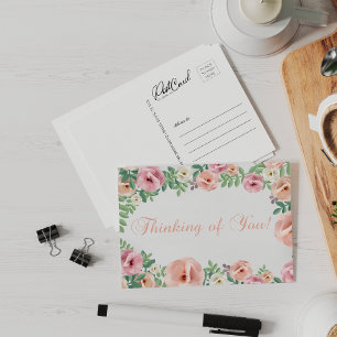 Thinking of You Pastel Pretty Pink Floral Postcard