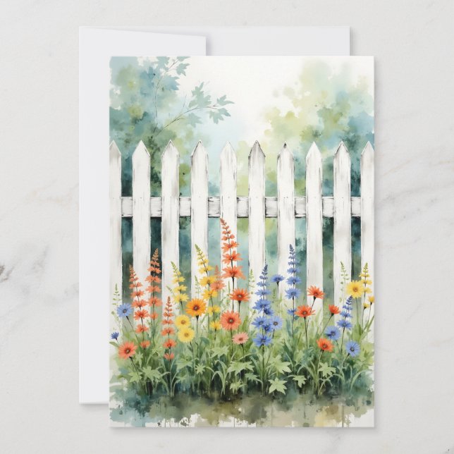 Thinking of You Picket Fence with Flowers Flat Card (Front)