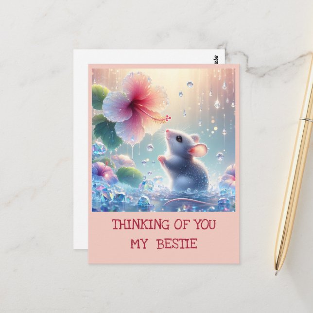 Thinking of you Pink Blush Flower Mystical Mouse  Postcard (Front/Back In Situ)