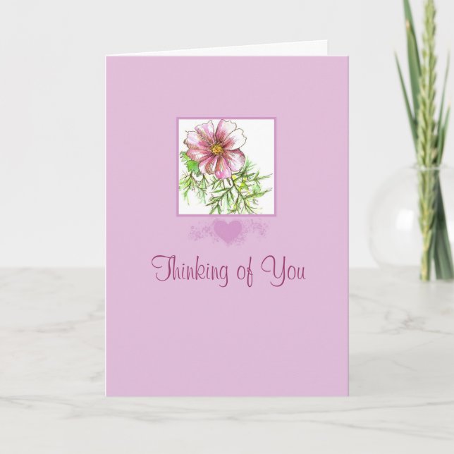 Thinking of You Pink Cosmos Flower Watercolor Art Card (Front)