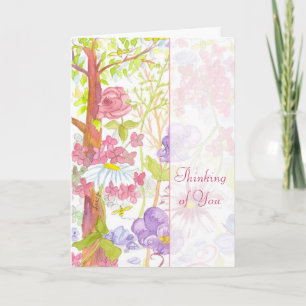 Thinking of You Pink Roses Pansies Leaves Card