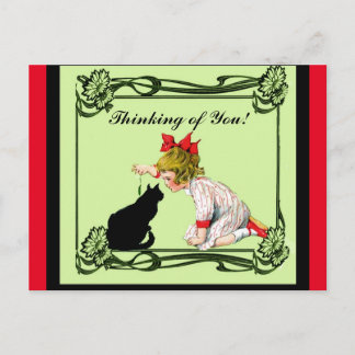 THINKING OF YOU POSTCARD VINTAGE CHILD W CAT ARA