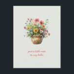 Thinking of You Pot of Wildflowers Postcard<br><div class="desc">This image is a lovely watercolor painting of a flower pot brimming with vibrant blooms in red, pink, yellow, white, purple, and orange. The soft blending of colors and delicate brushstrokes give it a cheerful, handmade charm. Beneath the bouquet, a message in red cursive reads, "just a little note to...</div>