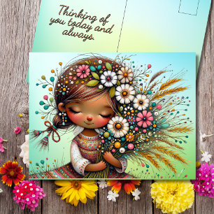 Thinking of You Retro Girl Flowers Postcard
