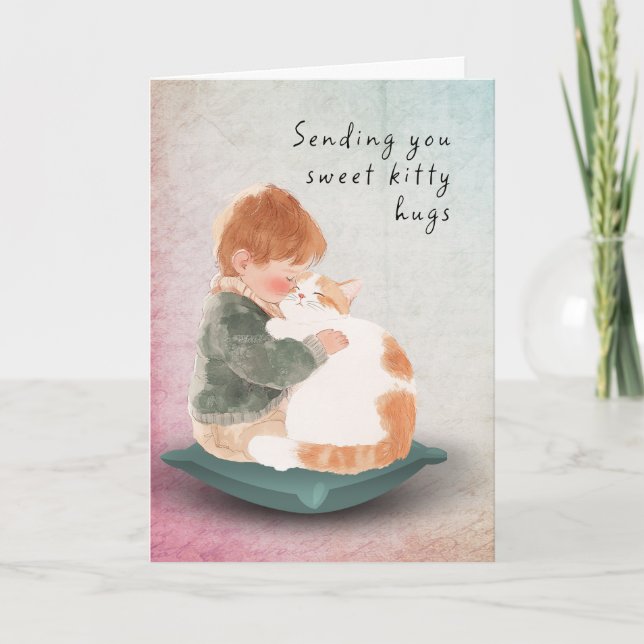 Thinking of You Sending Hugs Boy and Cat Card (Front)