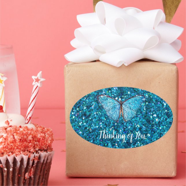 Thinking of You, Shiny Blue Glitzy Template Oval Sticker (Party)