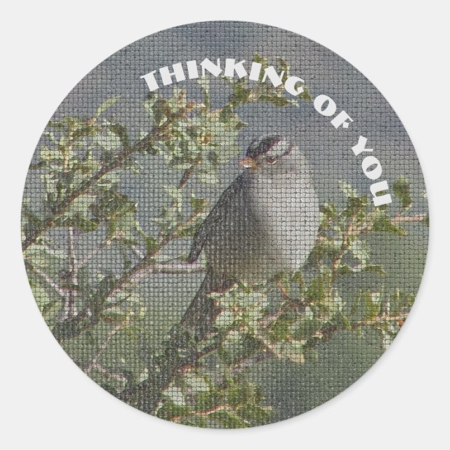 Thinking of You Small Sparrow Photo Mosaic Bird Classic Round Sticker (Front)