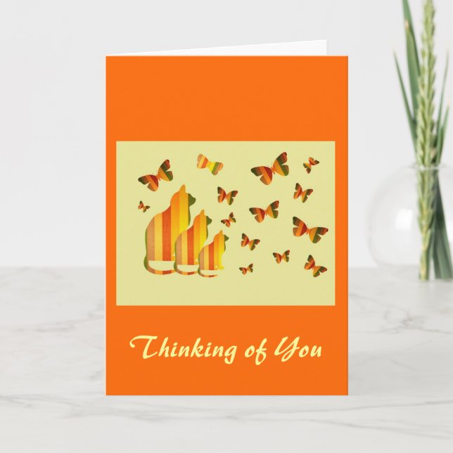 Thinking of You, Striped Cats & Butterflies Card (Front)