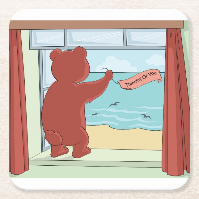 Thinking of You Teddy Bear Missing You Cute Art Square Paper Coaster (Front)