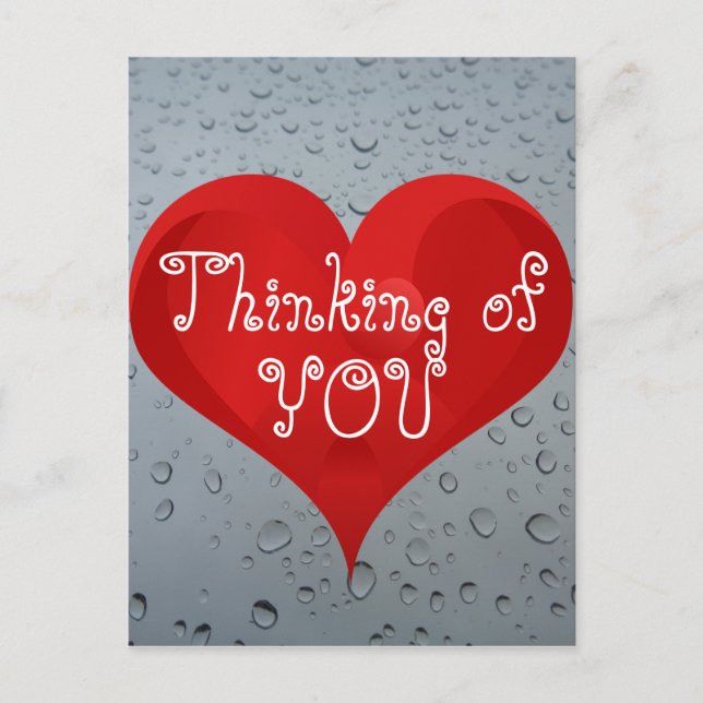 Thinking of You, Water Drops Window Rain Red Heart Postcard (Front)
