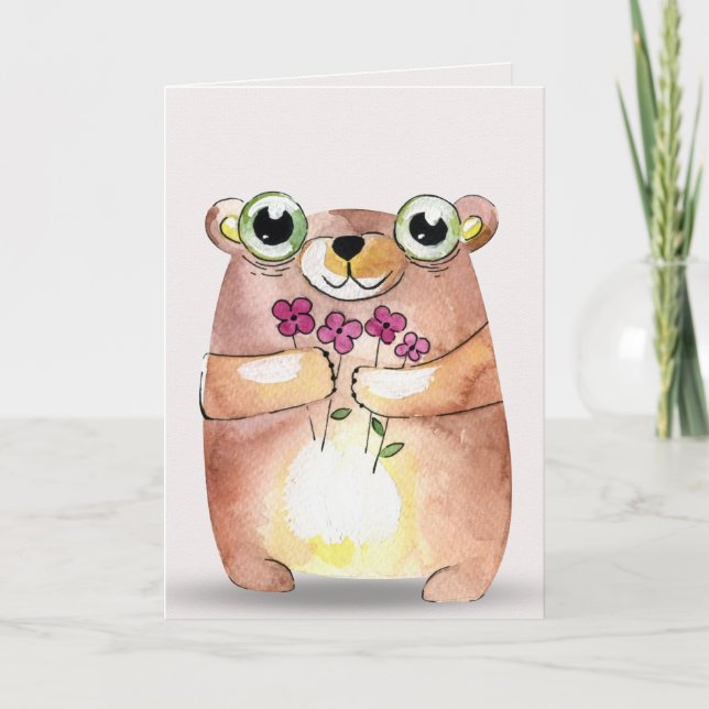 thinking of you-watercolor bear with bouquet card (Front)