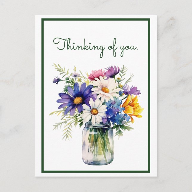 Thinking of You Watercolor Flowers Customise Postcard (Front)
