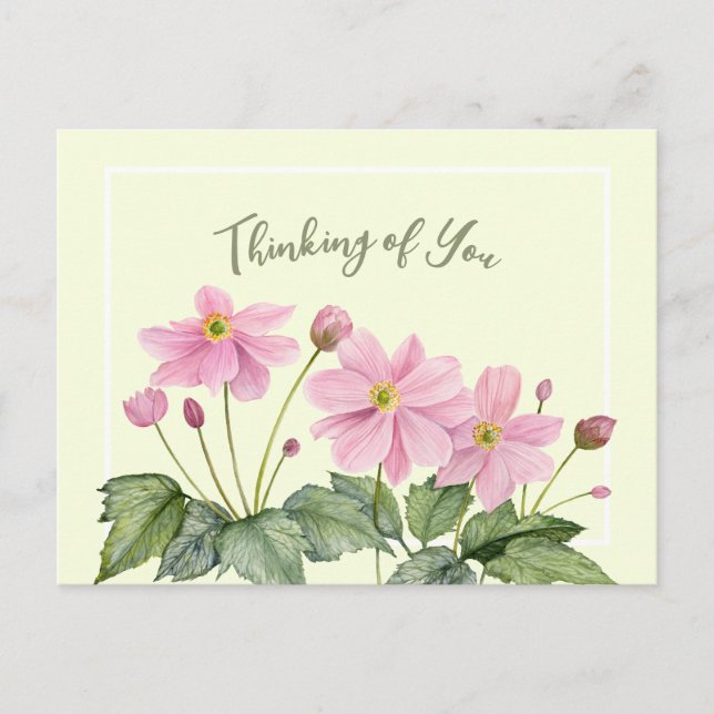 Thinking of You Watercolor Pink Japanese Anemone Postcard (Front)