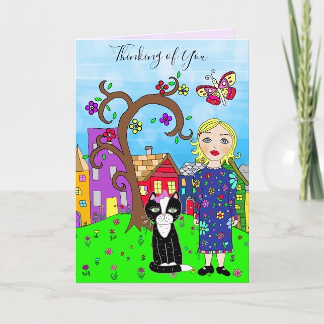 Thinking of You Whimsical Lady and Cat Friendship Card (Front)