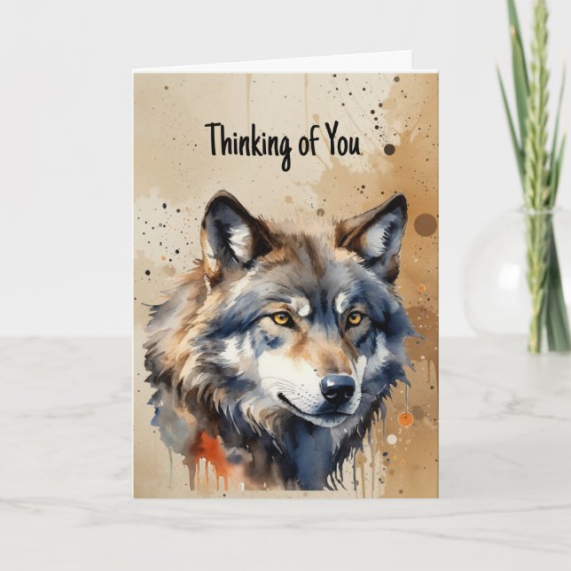 Thinking of You Wolf Watercolor Animal Fan Card (Front)