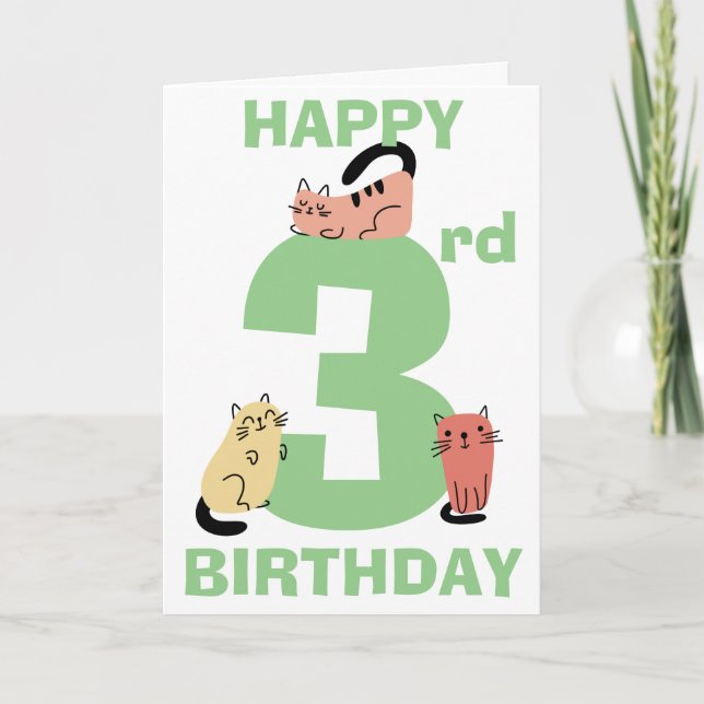 Third 3rd Birthday Doodle Cats Custom Message Card (Front)