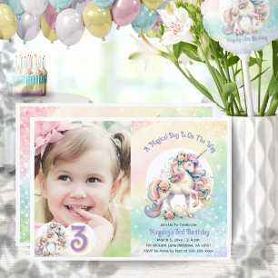 Third 3rd Unicorn Birthday Party Pastel Rainbow Invitation
