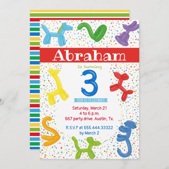 Third birthday animals balloons invitation (Front/Back)