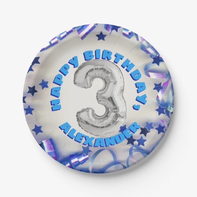 Third Birthday Boys Three Years Old Party Paper Plate (Front)
