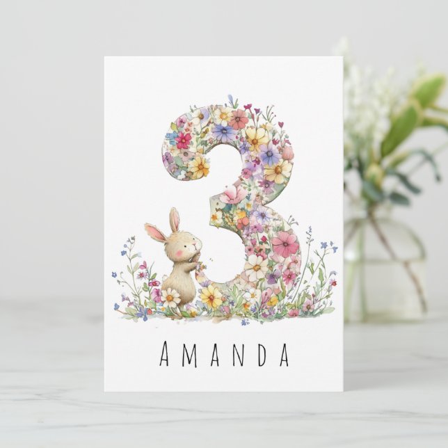 Third Birthday Floral Bunny Card (Standing Front)