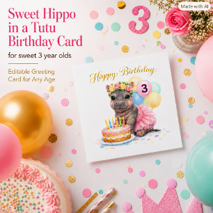 Third Birthday For Girls Happy Hippo in Tutu Card