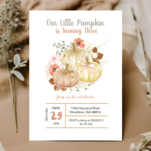 Third Birthday Gold Pumpkins Floral  Invitation