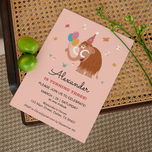 Third Birthday Hat Cartoon Cute Mammoth Balloons Invitation