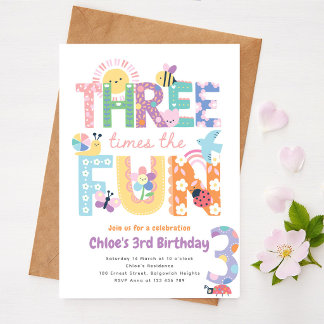 Third Birthday Invite Girl, Three Times the Fun