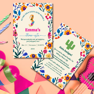 Third Birthday Mexican floral cactus - Three-esta  Invitation
