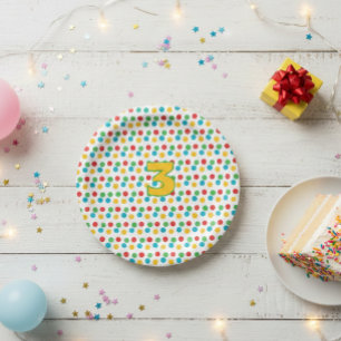 Third Birthday Party Plate with Colorful Polka Dot