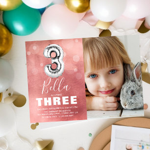 Third Birthday Silver Balloon   Pink Photo Party Invitation