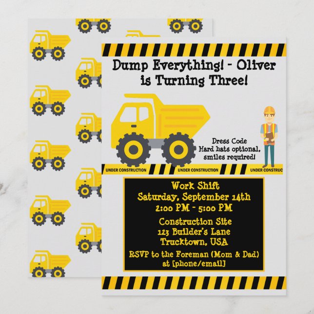 Third Birthday Yellow Dump Truck Construction Invitation (Front/Back)