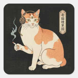 Third Eye Cat with Headphones & Cigarette - Japane Square Sticker
