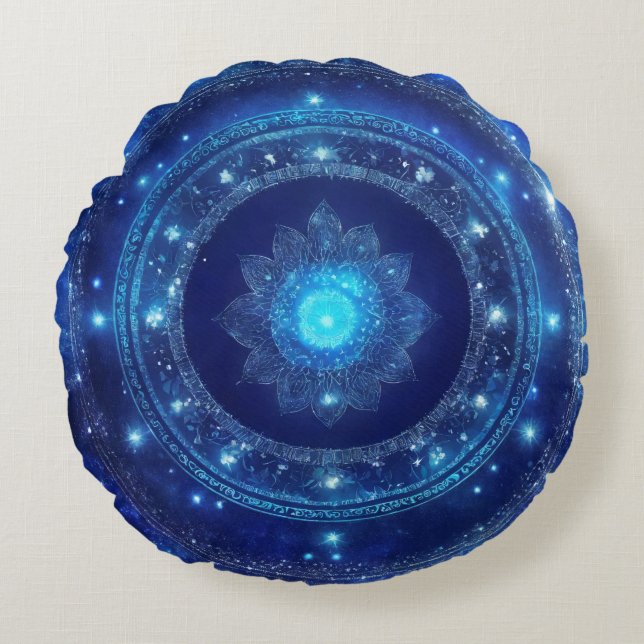 Third Eye Chakra Blue Mandala Meditation Round Cushion (Front)