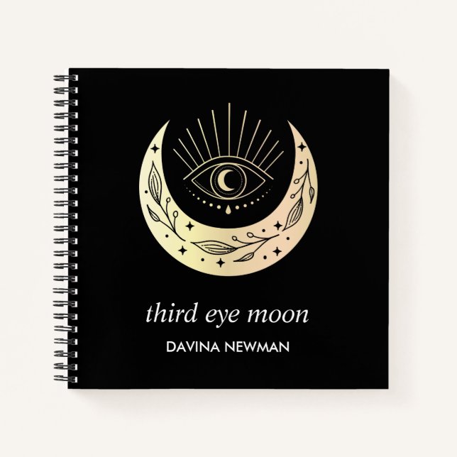 Third eye crescent moon Boho Monogram black Notebook (Front)