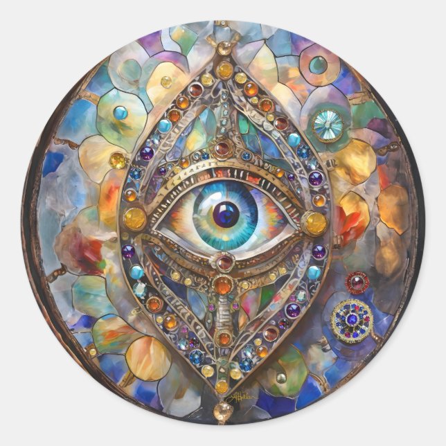 Third Eye on Stained Glass and Bronze Classic Round Sticker (Front)