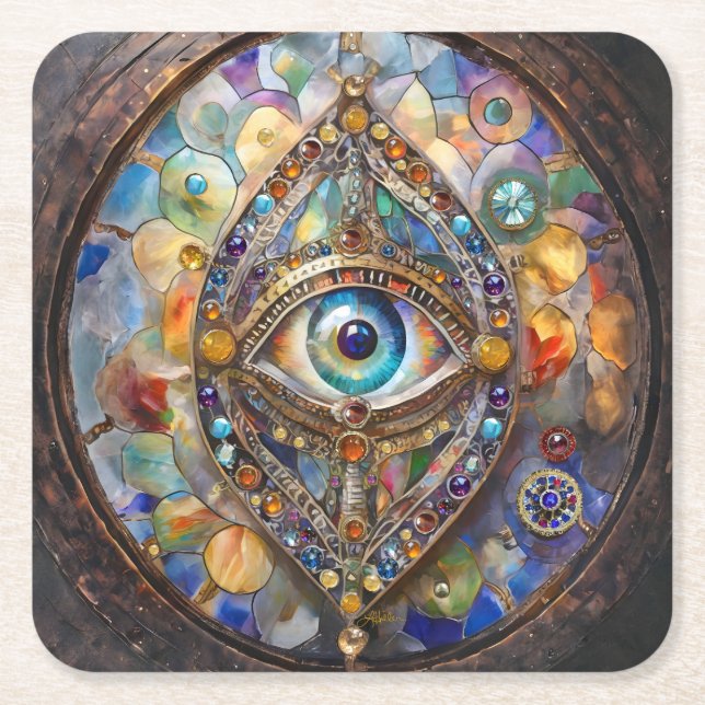 Third Eye on Stained Glass and Bronze Square Paper Coaster (Front)