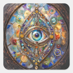 Third Eye on Stained Glass and Bronze Square Sticker