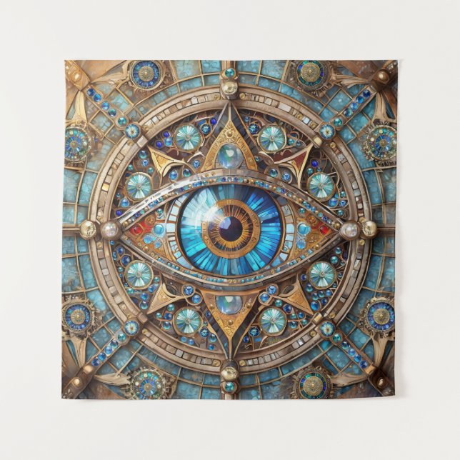 Third Eye - Turquoise Blue Gold Mandala Tapestry (Front)