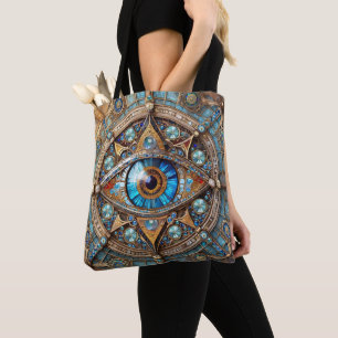 Third Eye - Turquoise Blue Gold Mandala Tote Bag